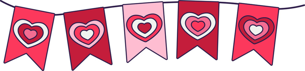 Retro Valentine Day boho icon of the garland. Love symbols in the fashionable pop line art style. The figure of heart banner in soft pink, red and coral color. Png illustration isolated