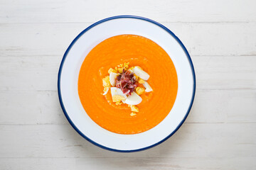 Salmorejo. Traditional Spanish cold soup made with bread, tomato and vegetables. Traditional tapa from the city of Córdoba in southern Spain.