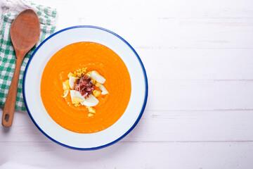 Salmorejo. Traditional Spanish cold soup made with bread, tomato and vegetables. Traditional tapa from the city of Córdoba in southern Spain.