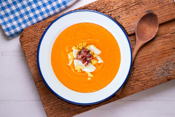 Salmorejo. Traditional Spanish cold soup made with bread, tomato and vegetables. Traditional tapa from the city of Córdoba in southern Spain.