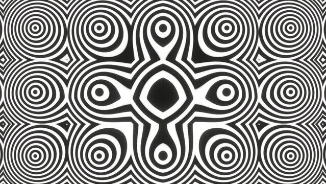Abstract psychedelic animation of lines and shapes in black and white as a background for meditation
