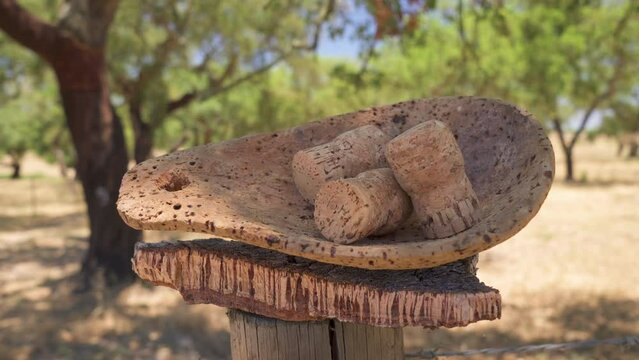 Cork tree garden (cork oak) is a long-standing business in parts of Portugal, element of cork tree bark in the foreground.