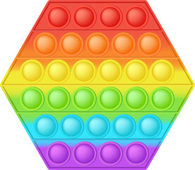 Popit figure hexagon as a fashionable silicon toy for fidgets. Addictive anti stress toy in bright rainbow colors. Bubble anxiety developing pop it toys for kids. Png illustration isolated