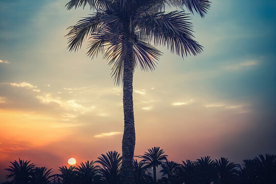 palm trees on the beach at sunset, peaceful calm nature background