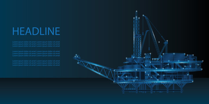 Ocean oil gas drilling rig low poly wireframe style vector illustration.  Petrol production concept. Petroleum fuel industry offshore extraction derricks line connection with lines, dots and lights.