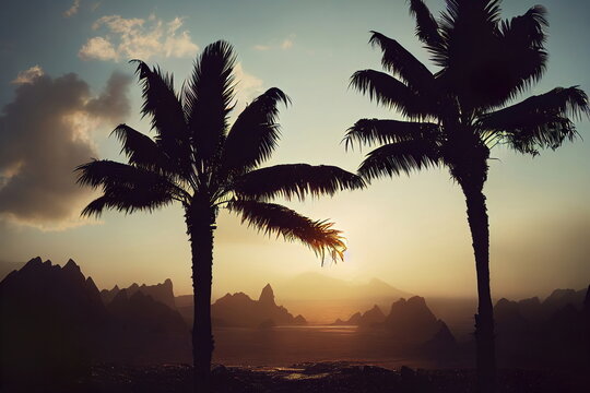 palm trees on the beach at sunset, peaceful calm nature background