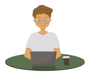 Boy student sits at the table, at the computer. Laptop work from home. Vector illustration.