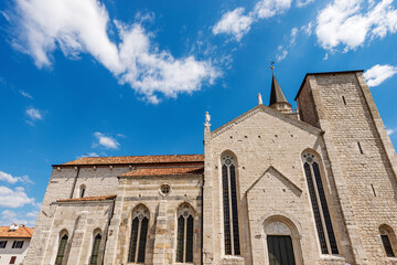 Medieval Cathedral of Venzone. Church of St. Andrew the Apostle, 1308. Destroyed by the 1976 earthquake and rebuilt between 1988 and 1995. Udine province, Friuli-Venezia Giulia, Italy, Europe.