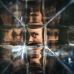 Modern art photography. Beautiful girl's face through glasses. Object distortion, optical illusion....