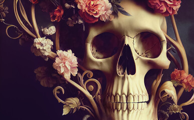 3D Illustration of Skull in flowers baroque style