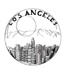 Hand drawing black lineart Los Angeles inside the ball on white background. Symbol drawing icon use for print, design, flyers, banner, poster, logo of website or banner of tourism business