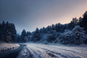 Obraz na płótnie Canvas snowy winter landscape in the forest, snow road background, digital illustration, digital painting, realistic illustration, cg artwork