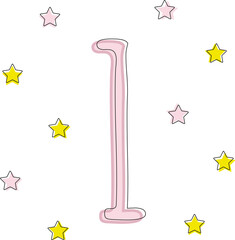 Number one, pink with stars. First place, birthday, first, one year. For the design of postcards, invitations, gifts. Forecast chart.