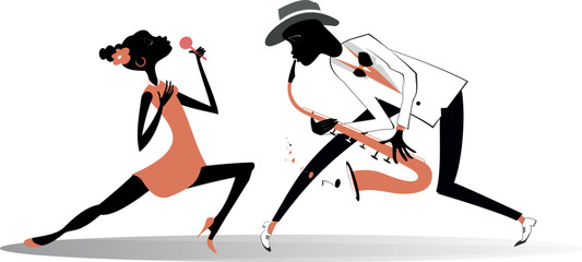 Illustration of African saxophonist man and African singer woman.
African man plays saxophone and African singer woman sings to microphone with great inspiration
