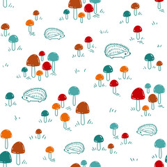 Autumn seamless vector pattern with mushrooms and hedgehogs hand drawn in doodle style. Cute background forest design for kids textile or printing on any surface