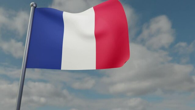 3D animation of a France flag waving in the wind on a blue cloudy background with motion.  3d rendering animation.