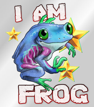 Digital illustration of a  red-eyed tree frog with the text "I AM FROG"