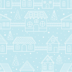 Fototapeta na wymiar Seamless pattern with Christmas houses and Christmas tree. Great for fabric, textile vector illustration