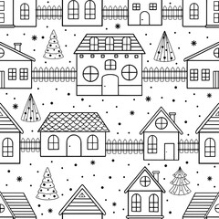 Seamless pattern with Christmas houses and Christmas tree. Great for fabric, textile vector illustration