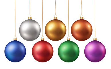 Collection of shiny colorful christmas baubles hanging on strings isolated on transparent background - obrazy, fototapety, plakaty