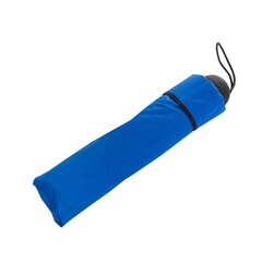 Folded compact umbrella in blue cover isolated on transparent background