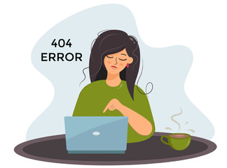 Sad woman is sitting with a laptop and a cup of coffee. Upset and puzzled girl. Error 404, unavailable, offline. Flat vector isolated illustration. Cartoon art for website page.