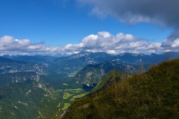 Fototapeta na wymiar Scenic view of Radovna valley and Karavanke mountains with mountain Kepa in Gorenjska, Slovenia