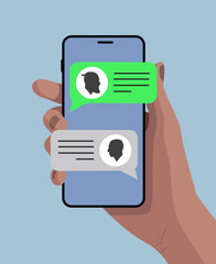 Hand with smartphone. Chat. Pop-up notifications. Contact icon on the screen. Blue background. Illustration with smartphone. Hand holding smartphone. 