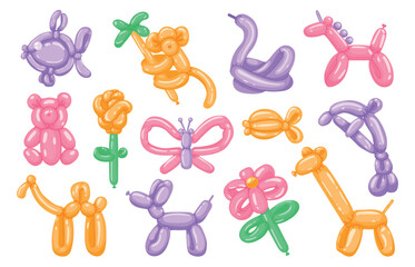 Cartoon balloon toys. Wild animals and pets round colorful symbols, cute children birthday party decoration. Vector snake dog monkey fish balloons collection © Tartila