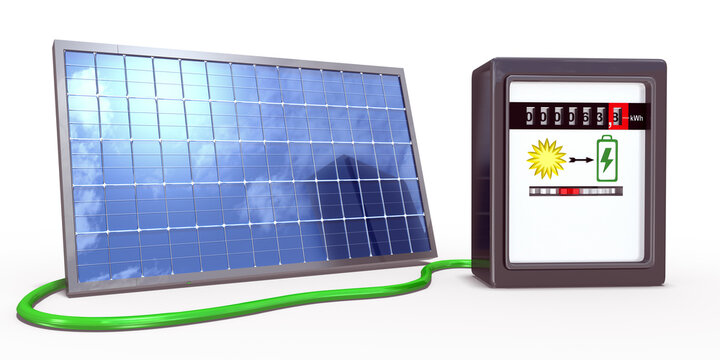 3d Solarpanel mit Stromzähler und Elektrokabel, freigestellt