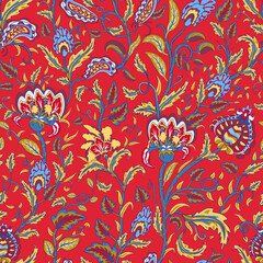 Fototapeta na wymiar Seamless oriental pattern with stylized leaves and flowers. Repeating geometric tiles with turkish kukumber or buta. Vector laced decorative background. Floral ornament. Indian or turkish motif