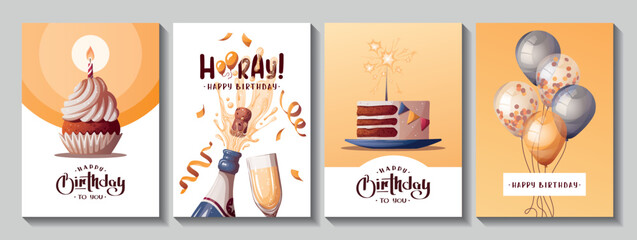 Set of Birthday cards with cake, cupcake, balloons, champagne. Handwritten lettering. Birthday party, celebration, congratulations, invitation concept. Vector illustration. Postcard, card, cover.