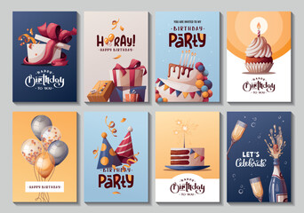 Set of Birthday cards with cake, gift boxes, balloons, champagne. Handwritten lettering. Birthday party, celebration, congratulations, invitation concept. Vector illustration. Postcard, card, cover. - Powered by Adobe