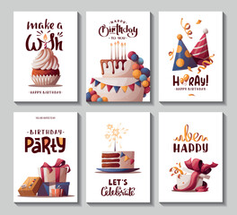 Set of Birthday cards with cake, gift boxes, cupcake, caps. Handwritten lettering. Birthday party, celebration, congratulations, invitation concept. Vector illustration. Postcard, card, cover.