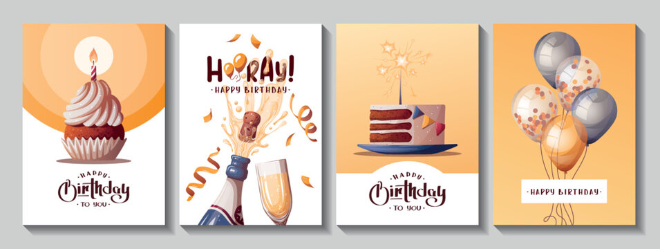 Set of Birthday cards with cake, cupcake, balloons, champagne. Handwritten lettering. Birthday party, celebration, congratulations, invitation concept. Vector illustration. Postcard, card, cover.