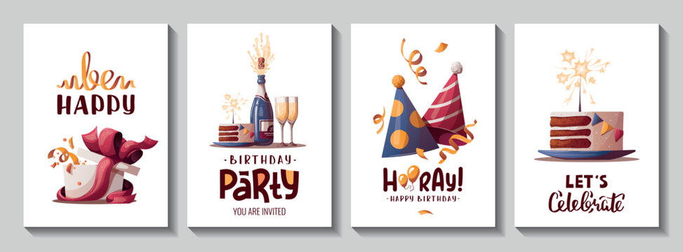 Set of Birthday cards with cake, gift box, caps, champagne. Handwritten lettering. Birthday party, celebration, congratulations, invitation concept. Vector illustration. Postcard, card, cover.