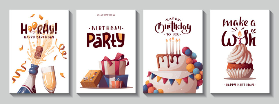 Set of Birthday cards with cake, gift boxes, cupcake, champagne. Handwritten lettering. Birthday party, celebration, congratulations, invitation concept. Vector illustration. Postcard, card, cover.