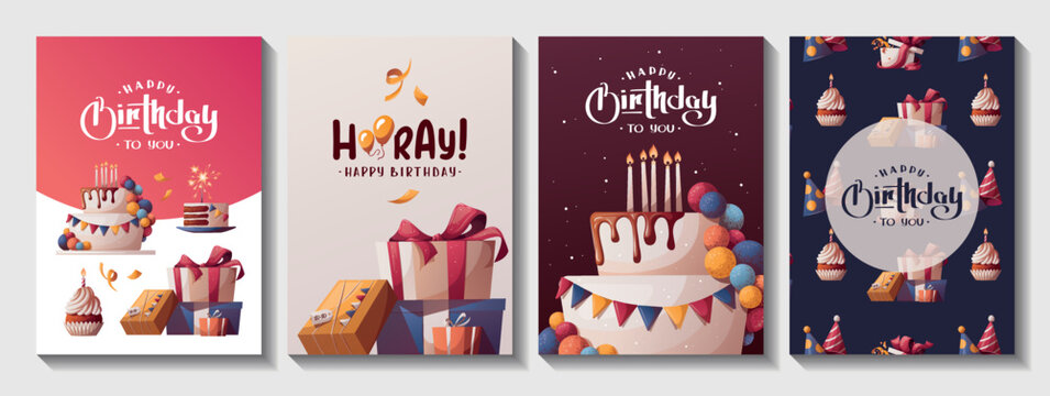 Set of Birthday cards with cake, gift boxes, cupcake. Handwritten lettering. Birthday party, celebration, congratulations, invitation concept. Vector illustration. Postcard, card, cover.