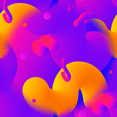 Multi-colored seamless abstraction with liquids and balls on a gradient background. 3D image with red, pink, orange, purple and blue colors.