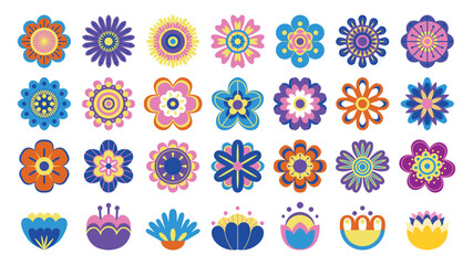 Colorful flower pictograms. Cute cartoon floral symbols, top view of kids flowers illustration, ornamental flower logo and decorative elements. Vector isolated set