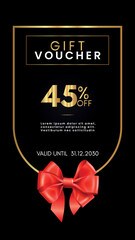 45% off coupon gift voucher template with red bow and gold decorative frames on black background. Premium design for discount cards, discount labels, coupon code, gift certificate, summer sale.