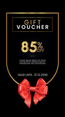 85% off coupon gift voucher template with red bow and gold decorative frames on black background. Premium design for discount cards, discount labels, coupon code, gift certificate, summer sale.