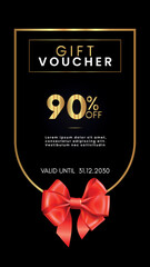 90% off coupon gift voucher template with red bow and gold decorative frames on black background. Premium design for discount cards, discount labels, coupon code, gift certificate, summer sale.