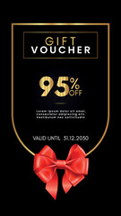 95% off coupon gift voucher template with red bow and gold decorative frames on black background. Premium design for discount cards, discount labels, coupon code, gift certificate, summer sale.