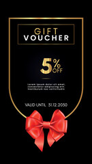 5% off coupon gift voucher template with red bow and gold decorative frames on black background. Premium design for discount cards, discount labels, coupon code, gift certificate, summer sale.