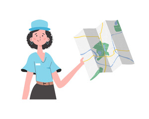 The girl is holding a map. The modern trendy character is depicted to the waist.  