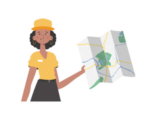 The girl is holding a map. The modern trendy character is depicted to the waist.   