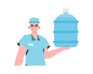 A man is holding a bottle of water. Delivery concept. The trendy character is shown to the waist.  