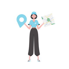 Girl water delivery operator holding a map. The trendy character is depicted in full growth.   