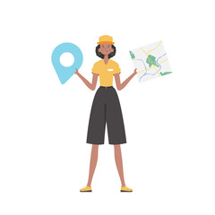 Girl water delivery operator holding a map. The trendy character is depicted in full growth.    